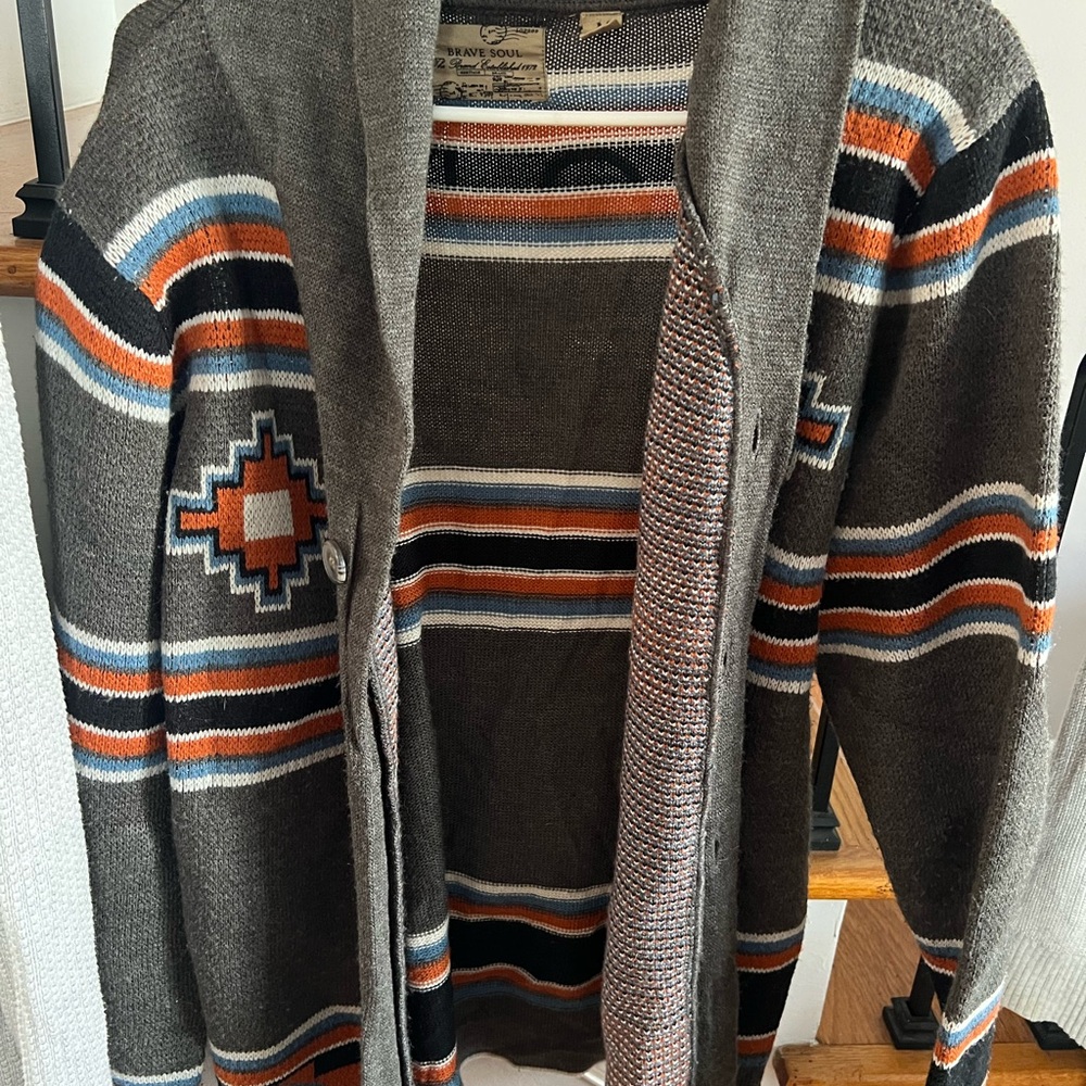 Brave Soul Gray Striped Shawl Collar Cardigan with Blue & Rust Accents